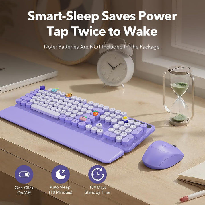 Wireless Keyboard and Mouse Combo, Round Keycaps, Full-Size Retro T...