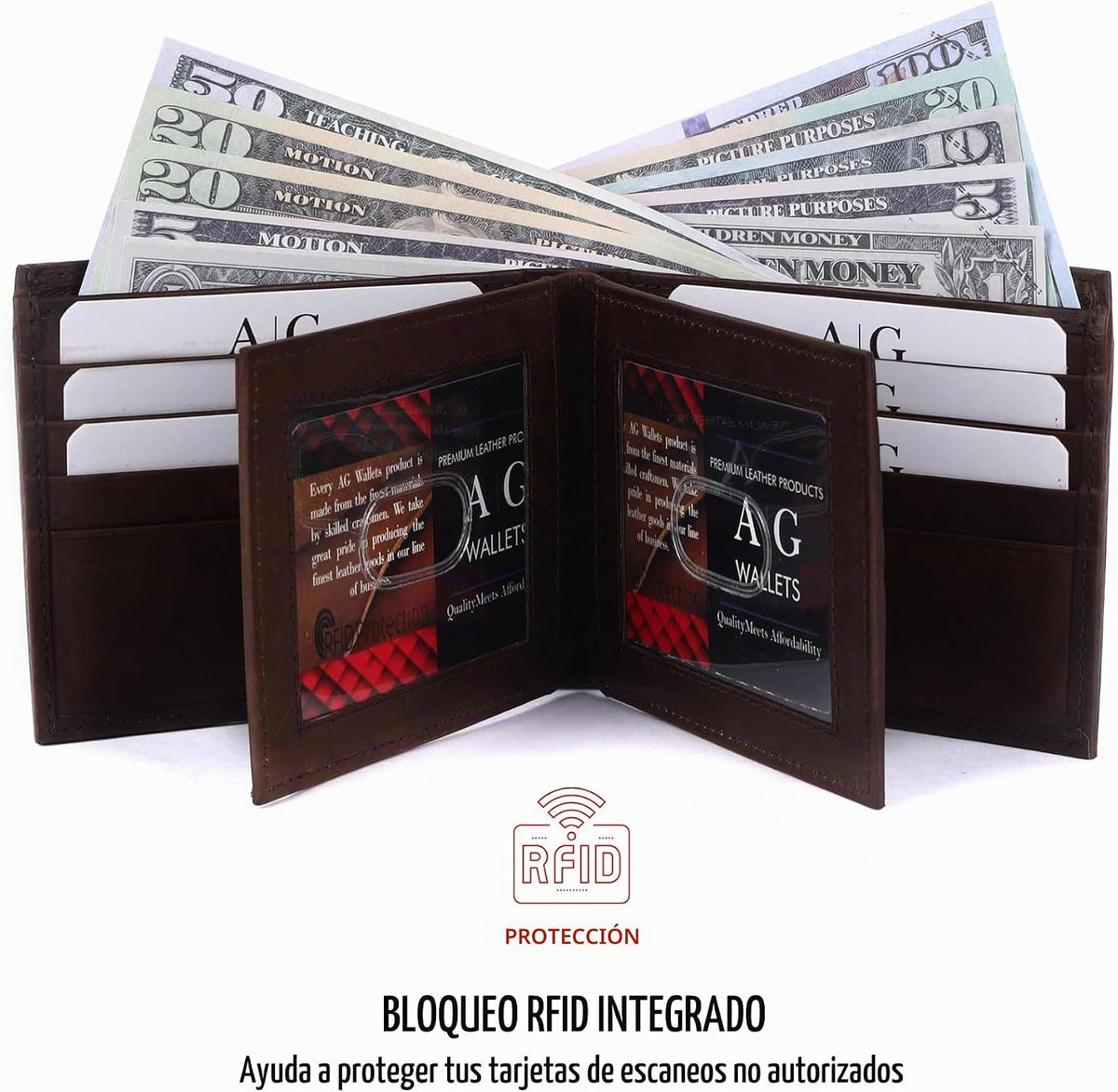 Billetera de cuero plegable para hombre con 3 ventanas para identificación
