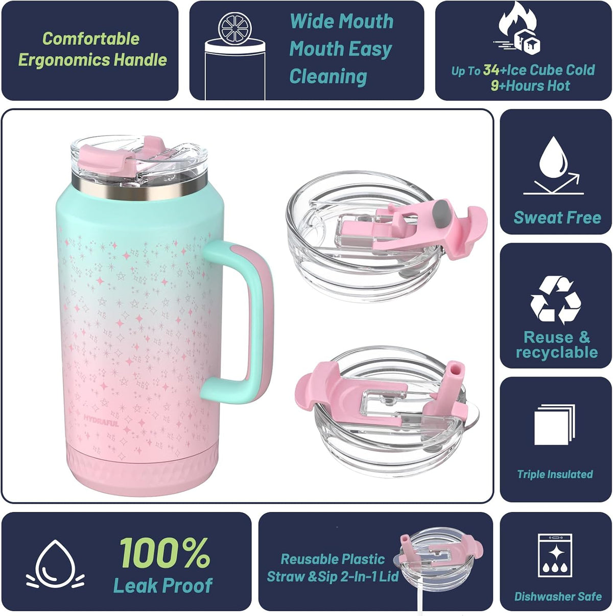 Hydraful Vaso de 64 onzas con asa y pajilla, 100% a prueba de fugas, vaso aislado reutilizable, botella de agua grande de acero inoxidable, taza de viaje para gimnasio, senderismo y campamento