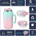 Hydraful Vaso de 64 onzas con asa y pajilla, 100% a prueba de fugas, vaso aislado reutilizable, botella de agua grande de acero inoxidable, taza de viaje para gimnasio, senderismo y campamento