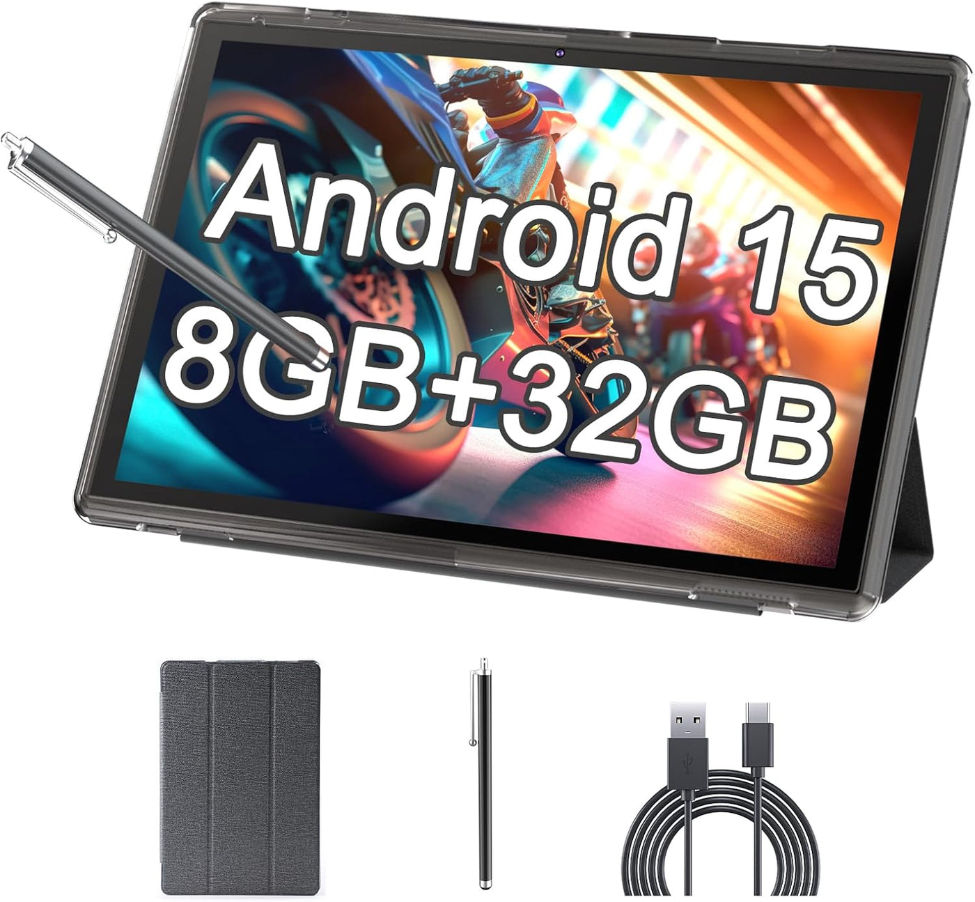 Tableta de 10 pulgadas Android 15 con funda, 6GB RAM+32GB ROM+1024G...