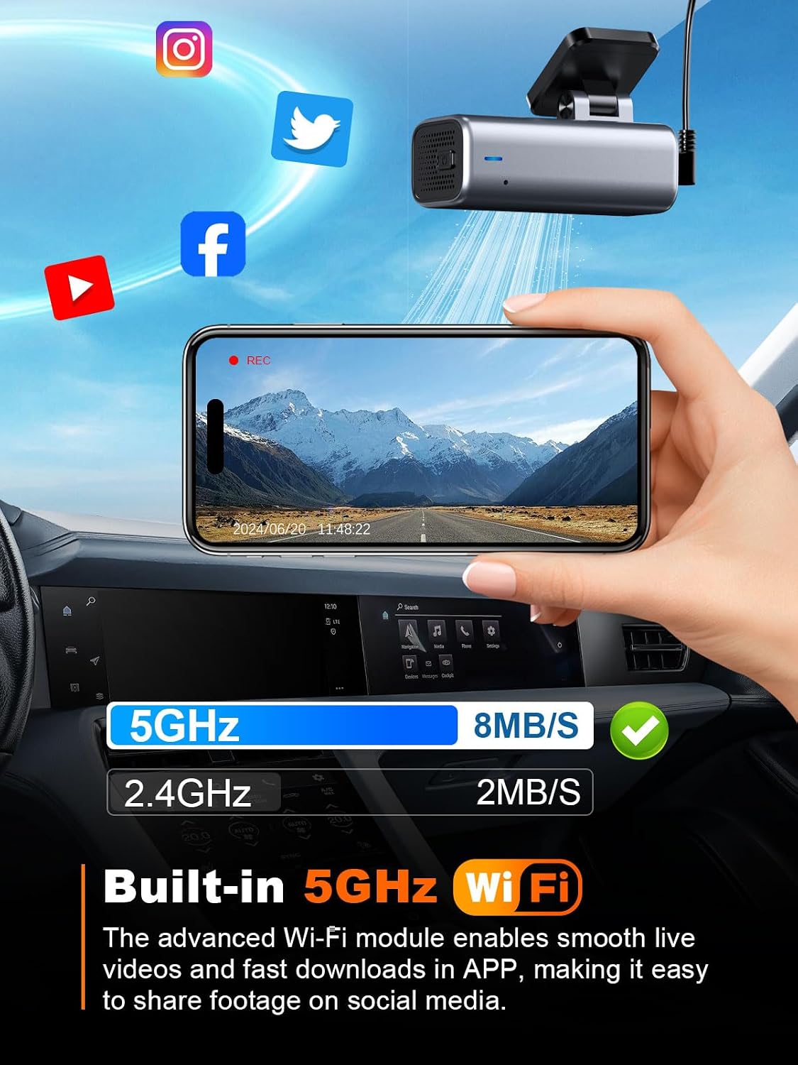 Cámara de tablero 4K frontal, WiFi de 5 GHz, tarjeta de 32 GB incluida, cámara de salpicadero mini