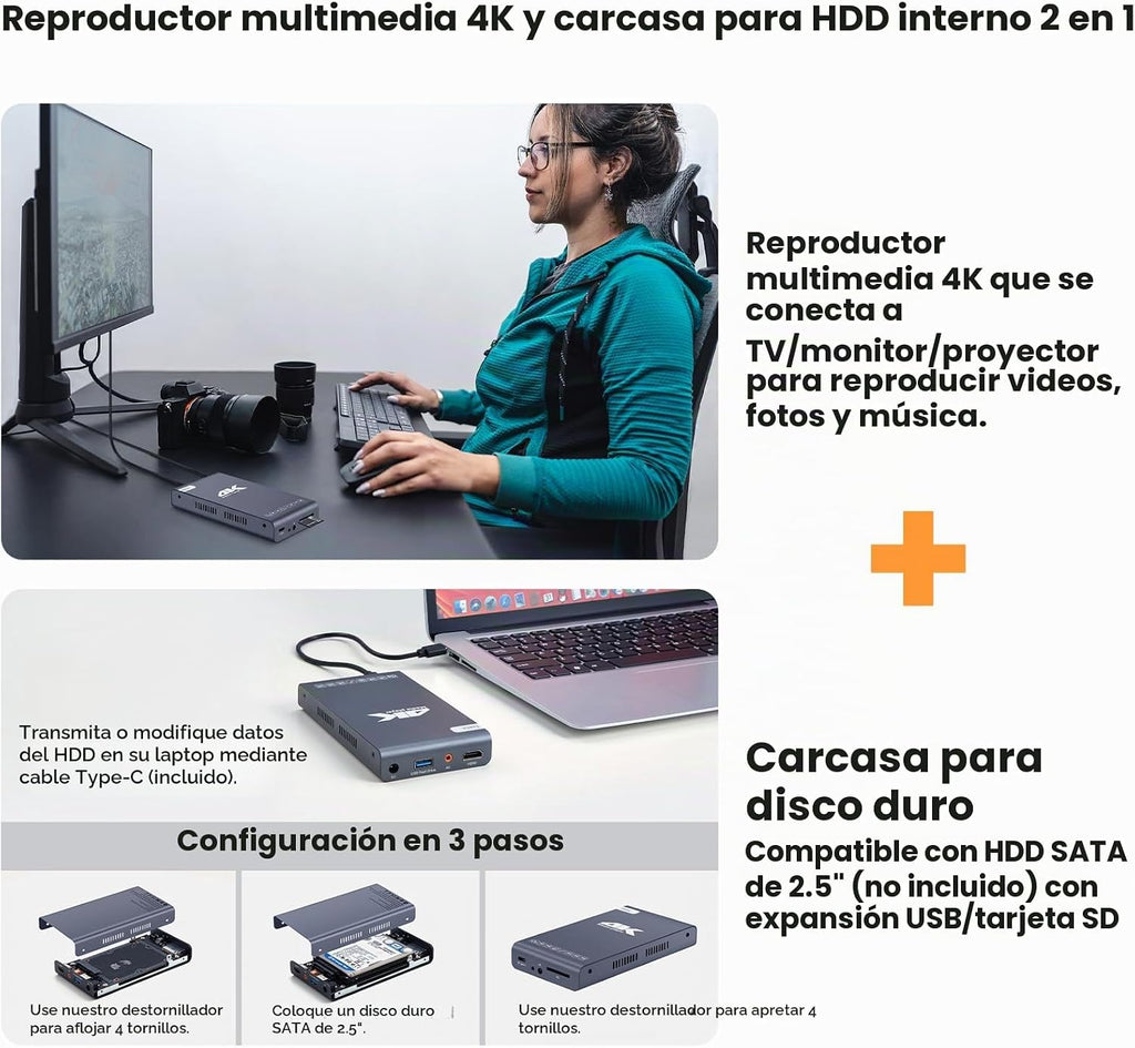 Reproductor multimedia digital Ultra HD 4K@60Hz y caja de disco duro 2 en 1