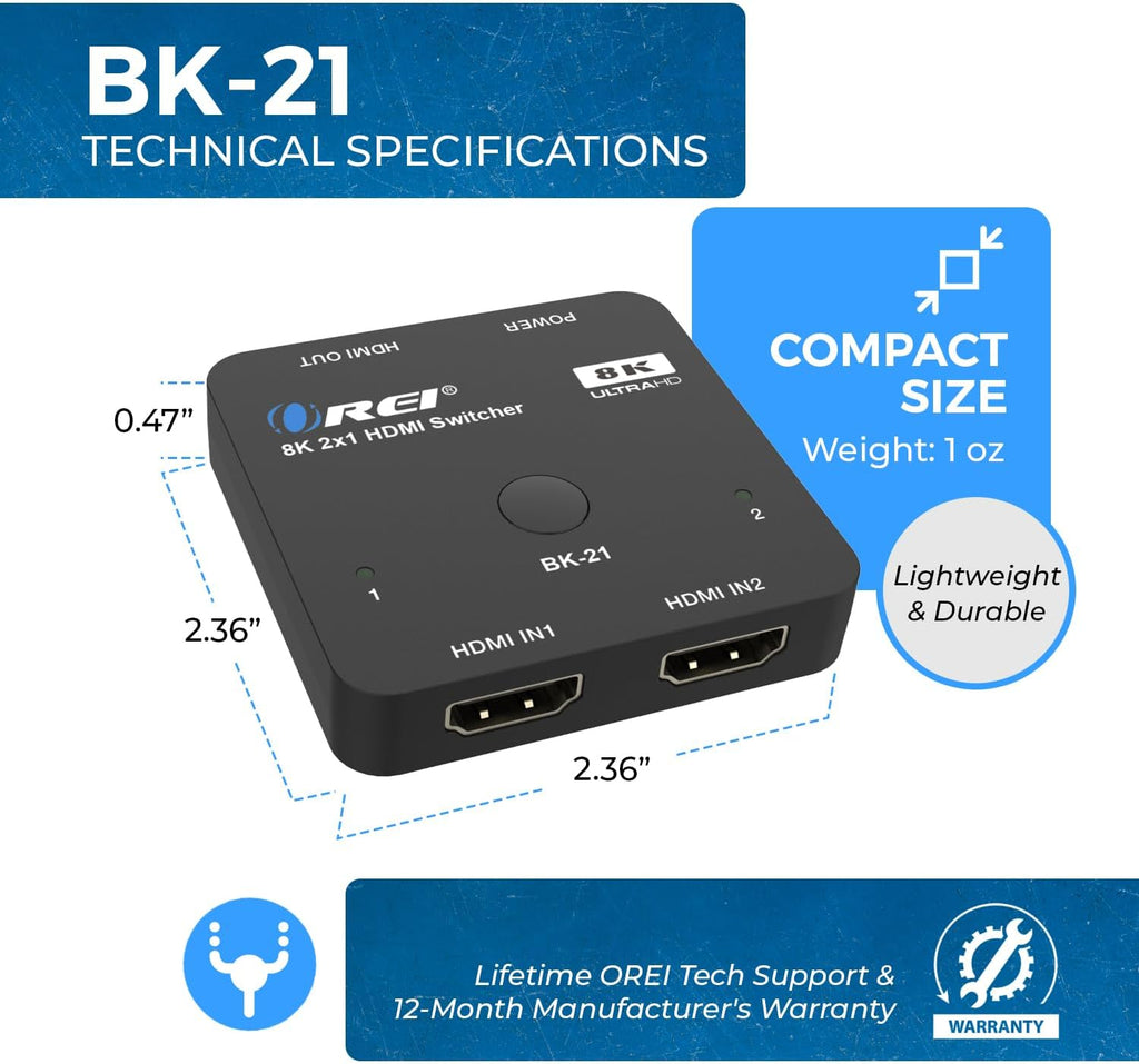OREI Interruptor HDMI 2.1 de 2 puertos 8K, 8K a 60Hz, 4K a 120Hz