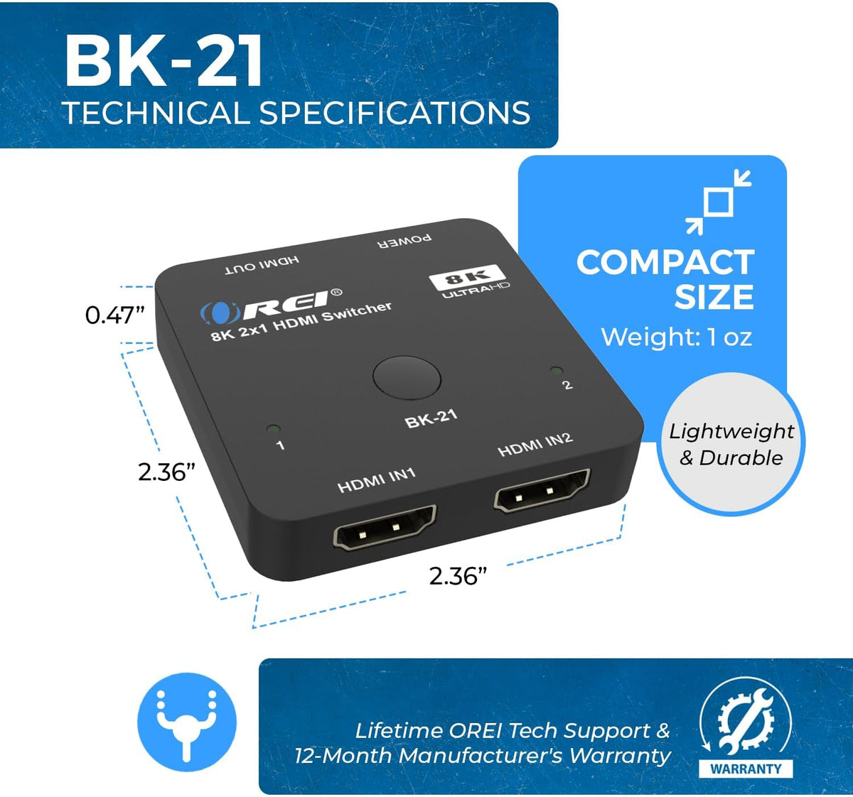 OREI Interruptor HDMI 2.1 de 2 puertos 8K, 8K a 60Hz, 4K a 120Hz