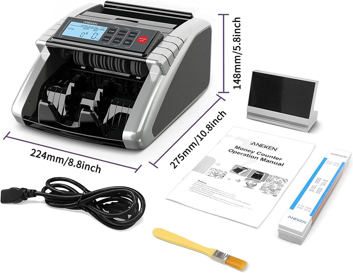 Aneken - Máquina contadora de dinero con conteo de valor, detector de billetes falsificados UV/MG/IR/DD/DBL/HLF/CHN para dólares y euros, modos de añadir y lote, contador de efectivo con pantalla LCD