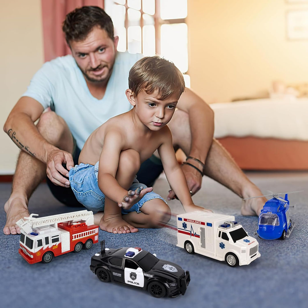 COVTOY Paquete de 4 vehículos de emergencia con luces y