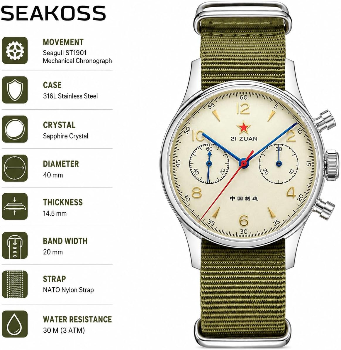 SEAKOSS 1963 Pilot Cronógrafo Reloj para hombre, Original Seagull ST1901 Movimiento mecánico de viento manual, reloj de pulsera militar vintage