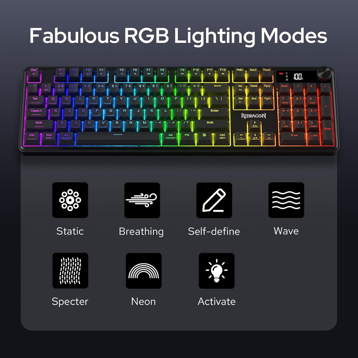Redragon K526 PRO Teclado inalámbrico RGB para juegos, pantalla LED...