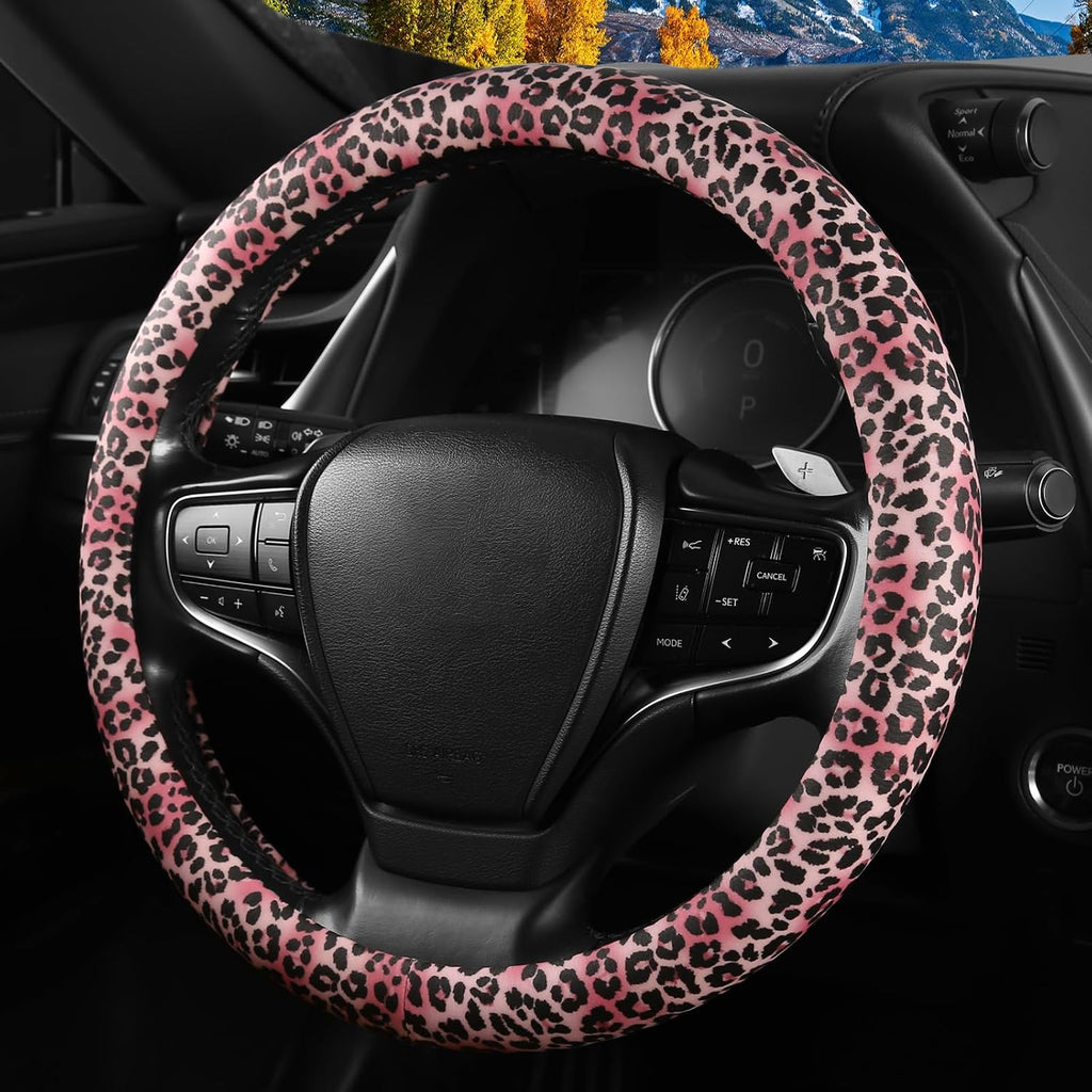 Funda para volante con estampado de Leoaprd rosa con anillo interior de silicona, no tóxica, sin olor, con patrón que no se decolora, universal de 14.5 a 15 pulgadas (estampado de leopardo