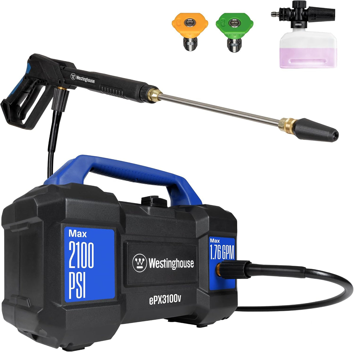 Westinghouse ePX3100v - Lavadora a presión eléctrica, 2100 PSI máximo, 1.76 GPM máximo, asa de transporte incorporada, cañón de espuma desmontable, varita de acero profesional, juego de 3 boquillas