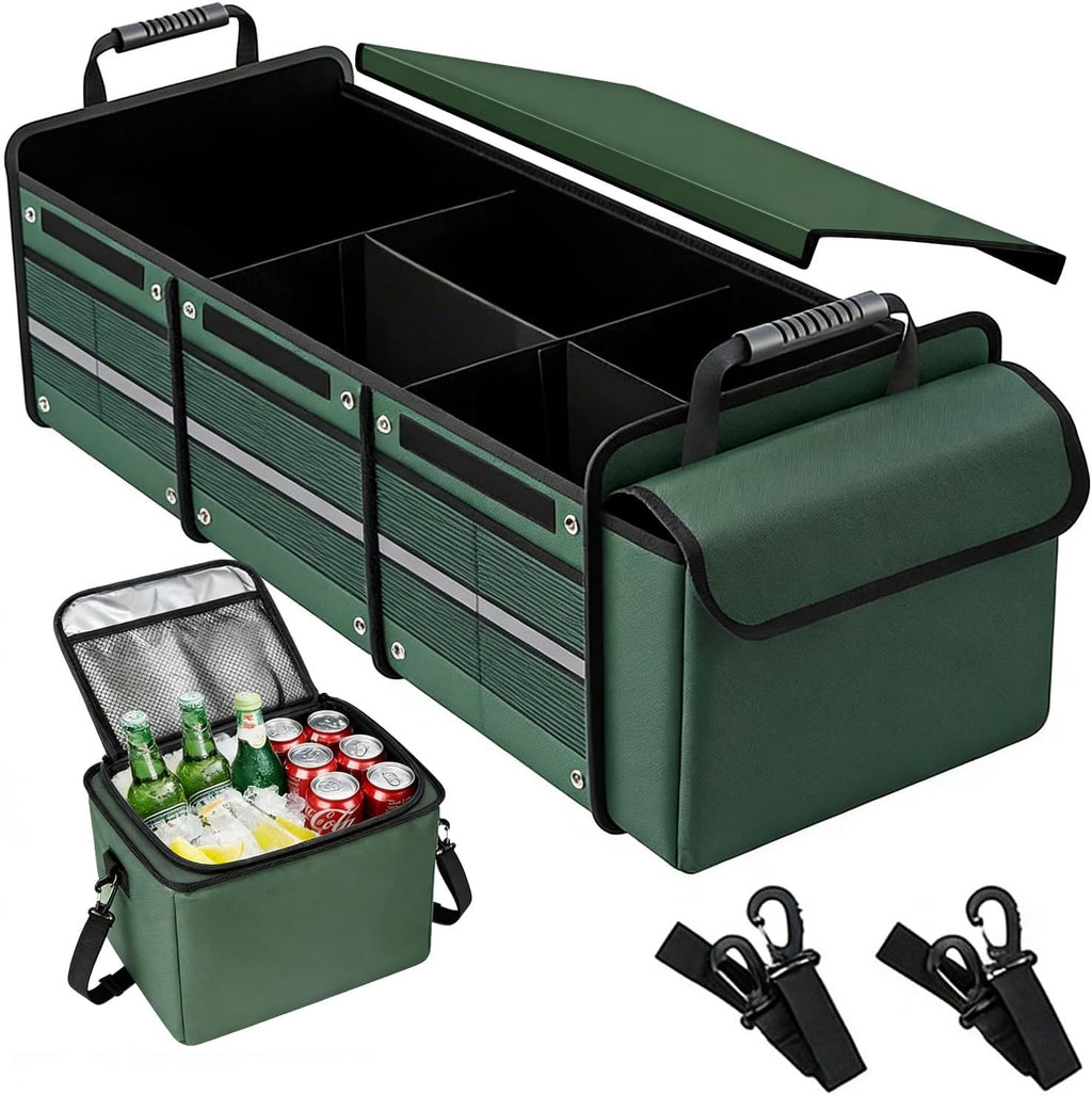 Organizador de maletero de automóvil con bolsa enfriadora extraíble, almacenamiento plegable con múltiples compartimentos para SUV, camión, comestibles, campamento, organizador de carga de nailon duradero (verde)