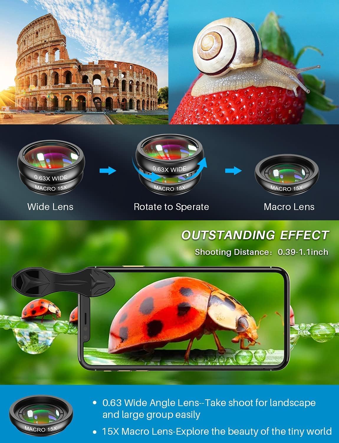 MIAO LAB Kit de lentes para cámara de teléfono 10 en 1, lente gran angular y macro+lente ojo de pez+lente teleobjetivo+filtro CPL/flujo/radial/estrella+lente caleidoscopio 3/6 para iPhone, Samsung
