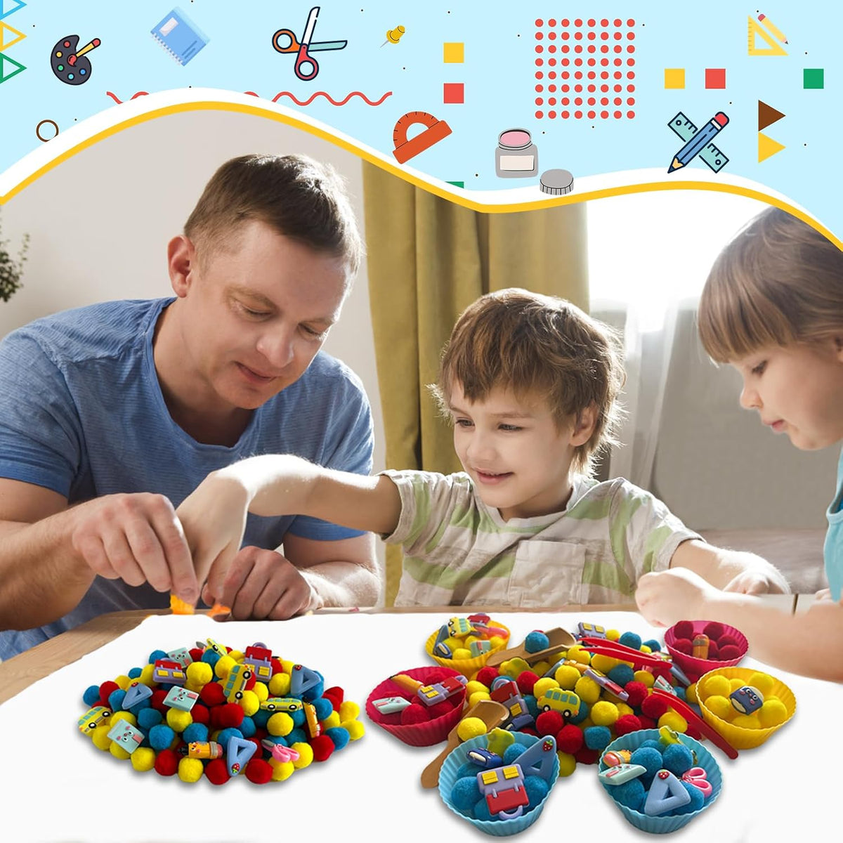 154Pcs Back a School Sensory Bin Filler Fine Motor Toys Stationery Sensory Bin Items Counting Sorting Toy para Preschool Education Activities Include Pom Poms Pen Scissors Notebooks Cup