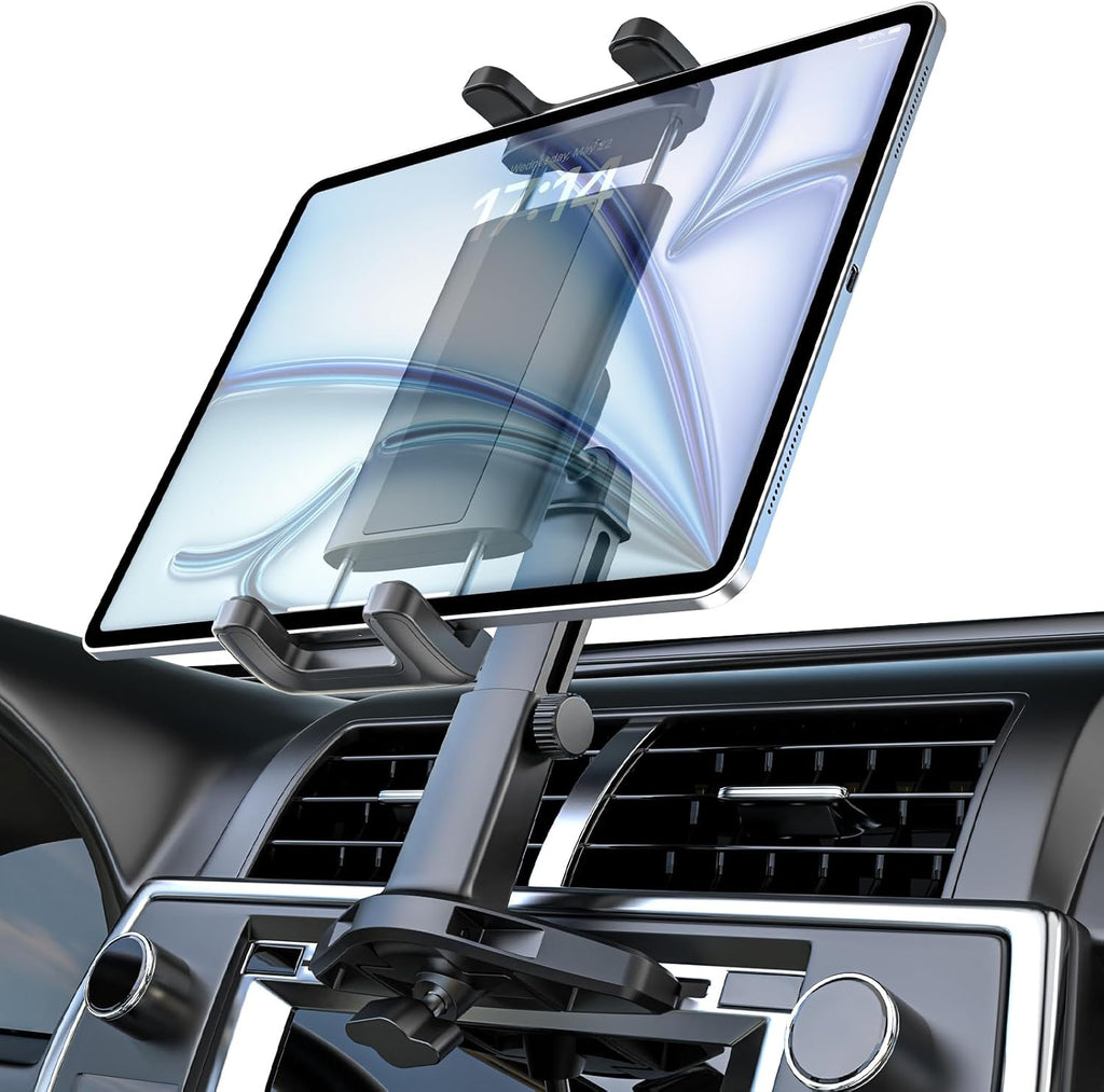 Soporte para tablet de automóvil, ranura para CD, brazo ajustable en altura, soporte para tableta para reproductor de CD de automóvil, abrazadera universal de CD para iPad Pro Air Mini, Galaxy Tabs/Z Fold/Z Flip, iPhone, más dispositivos de 4-12.9