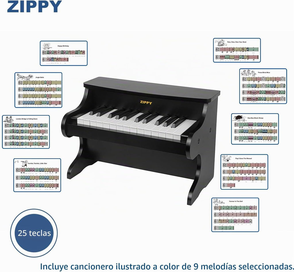 Teclado de Piano para Niños ZIPPY, Piano Digital de 25 Teclas para Niños, Mini Instrumento Educativo Musical de Juguete, Juguete de Madera para Niñas y Niños (Negro)