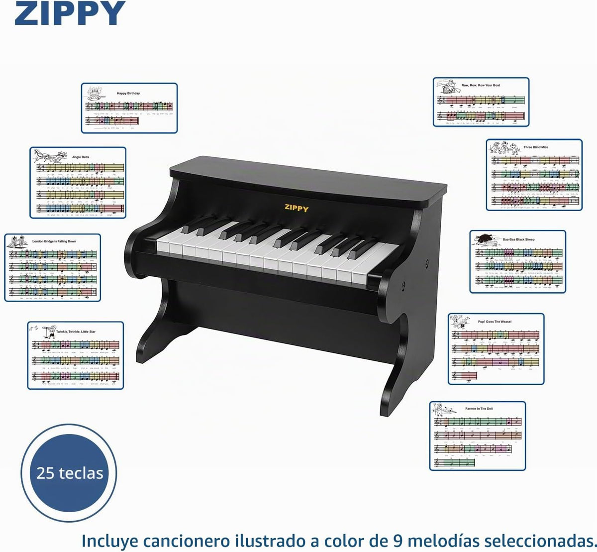 Teclado de Piano para Niños ZIPPY, Piano Digital de 25 Teclas para Niños, Mini Instrumento Educativo Musical de Juguete, Juguete de Madera para Niñas y Niños (Negro)