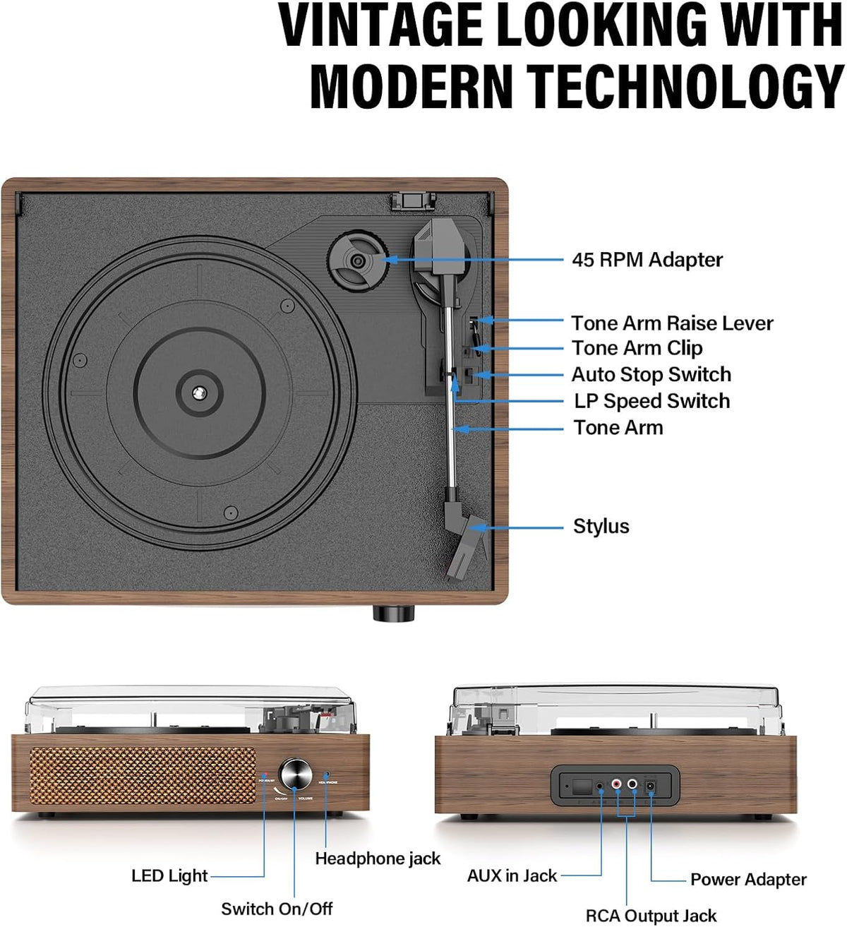 Tocadiscos de vinilo con receptor Bluetooth integrado y 2 altavoces estéreo, 3 velocidades y 3 tamaños, tocadiscos retro portátil para entretenimiento y decoración del hogar