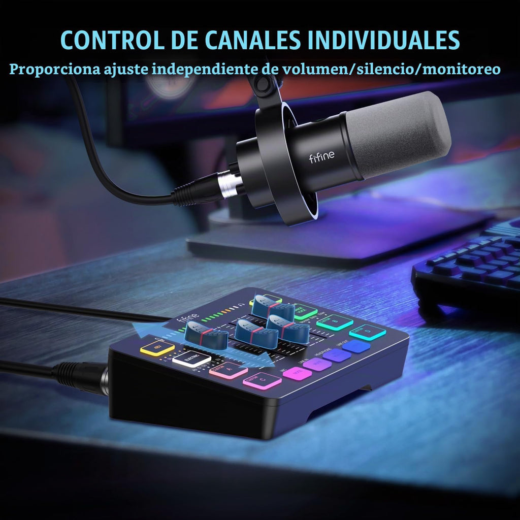 FIFINE Mezclador de audio para juegos y paquete de micrófono dinámico XLR/USB, mezclador RGB de 4 canales para transmisión con interfaz de micrófono XLR, alimentación fantasma de 48V para juego, voz