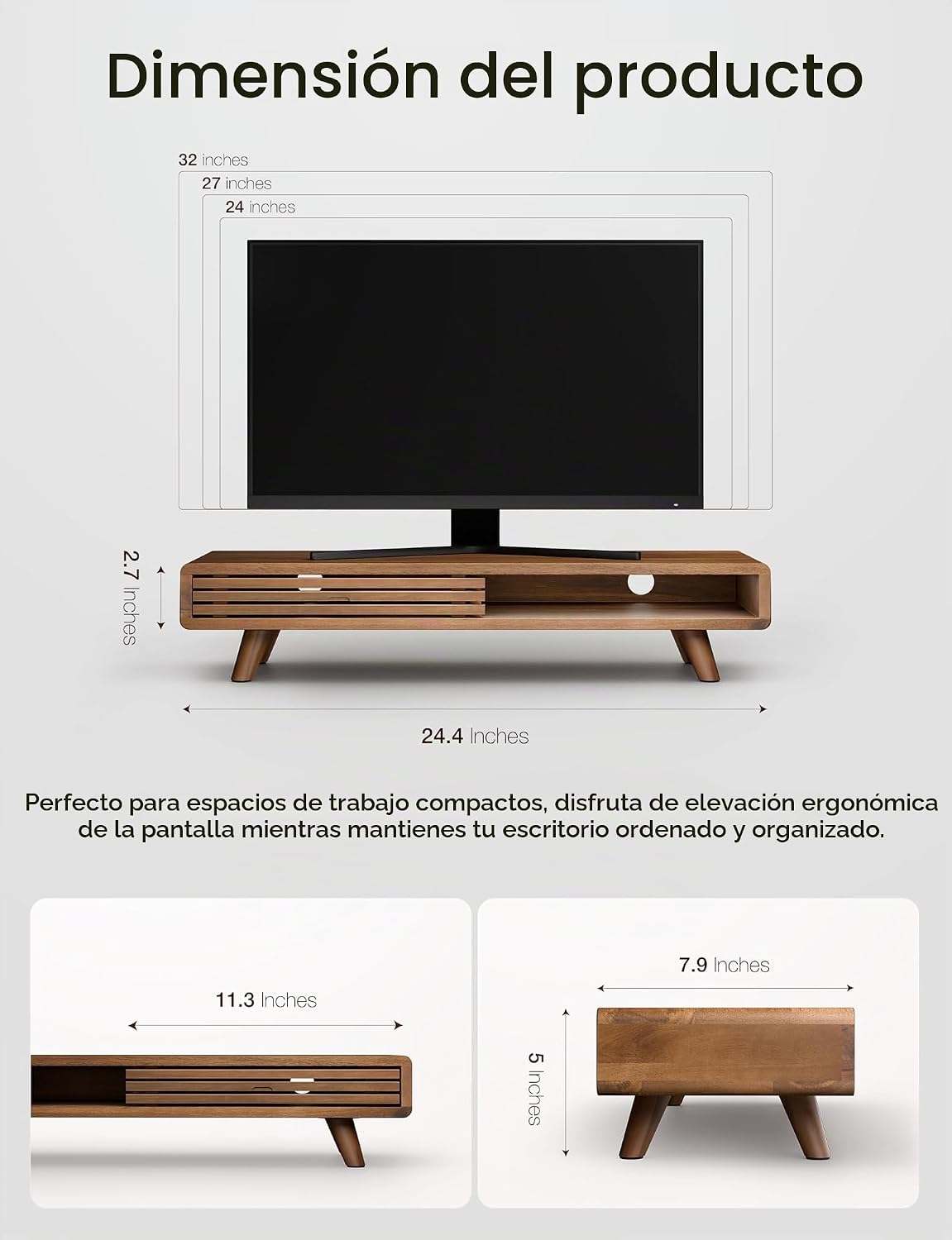 Soporte Elevador para Monitor de Madera de 24" con Puerta Deslizante y Gestión de Cables