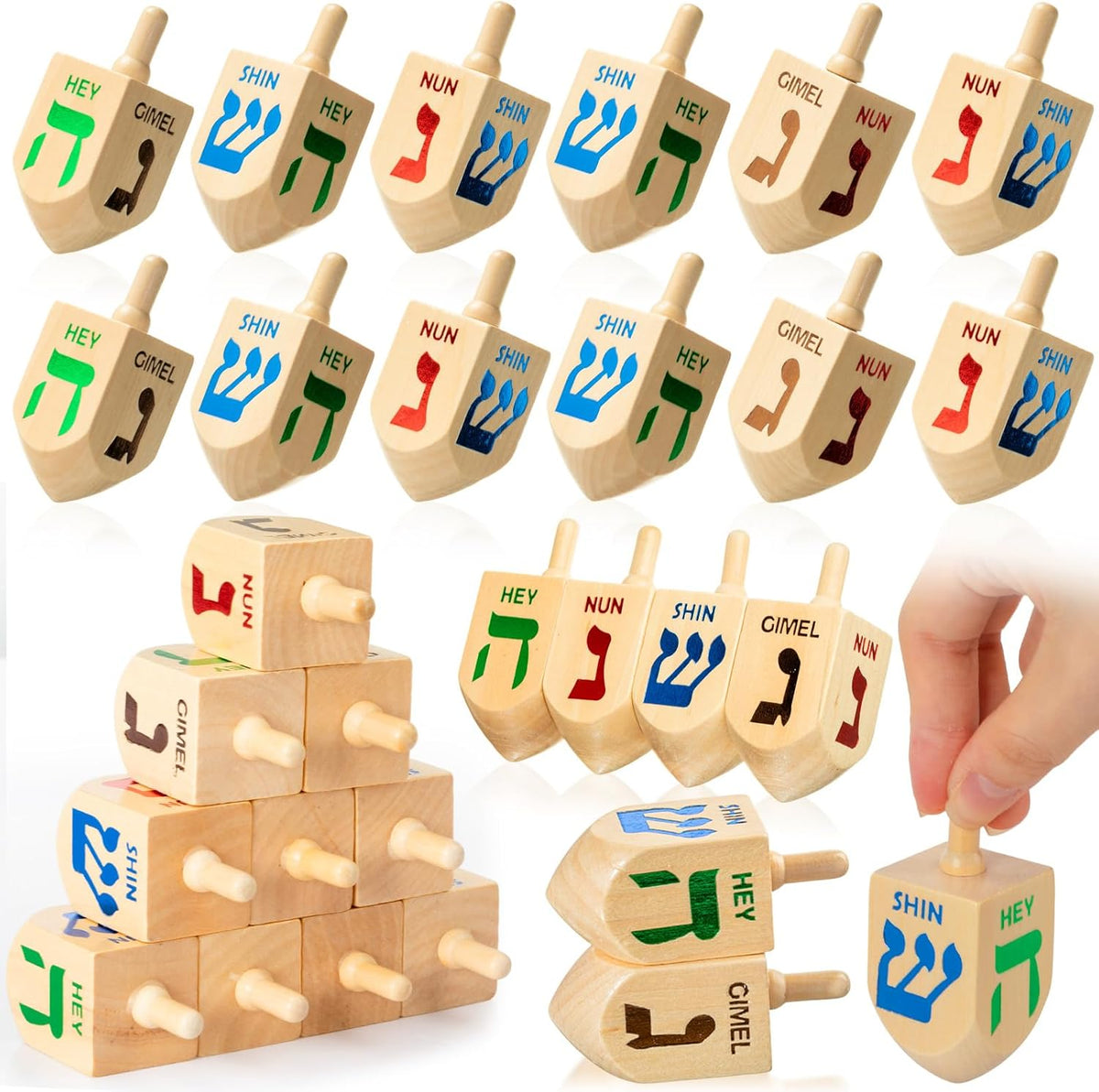 Libima 100 Dreidels de madera natural de Hanukkah Dreidels para decoración de fiestas de Hanukkah, proyectos, manualidades, suministros de fiesta familiar (2.7 pulgadas)