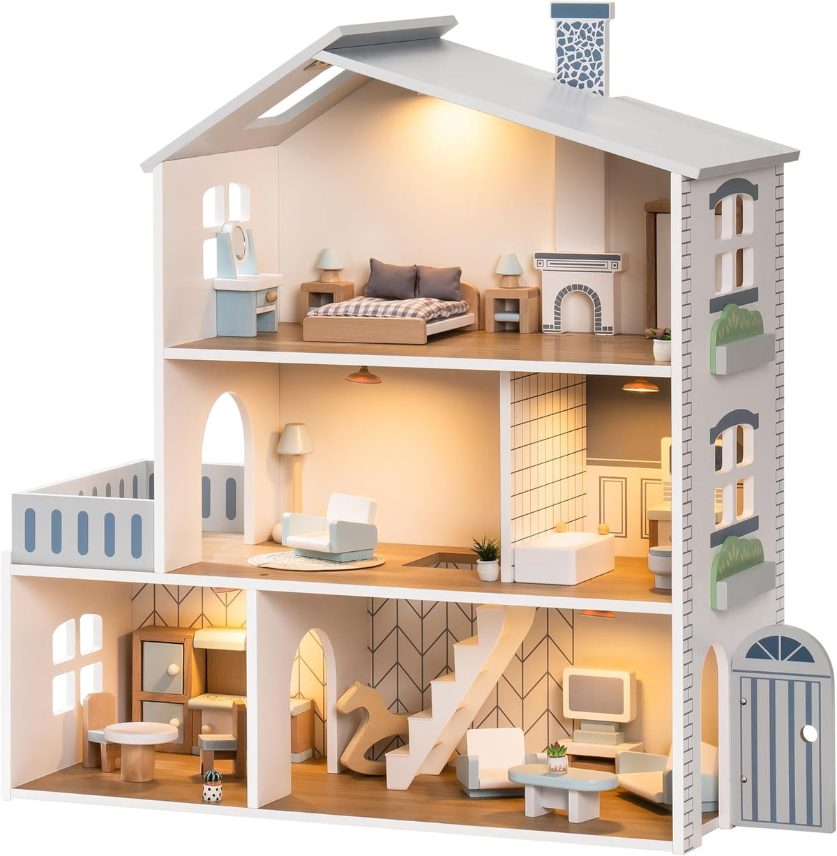 ROBUD Casa de Muñecas, Casa de Muñecas de Madera con 6 Habitaciones, 29 Piezas de Accesorios Realistas, Juego de Casa de Muñecas para Muñecas de 4-6 Pulgadas, Regalos para Niños y Pequeños, Estilo
