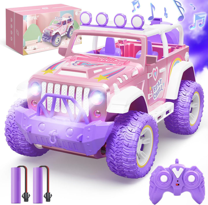 DEERC Coche de control remoto rosa para niñas con niebla y vapor y...