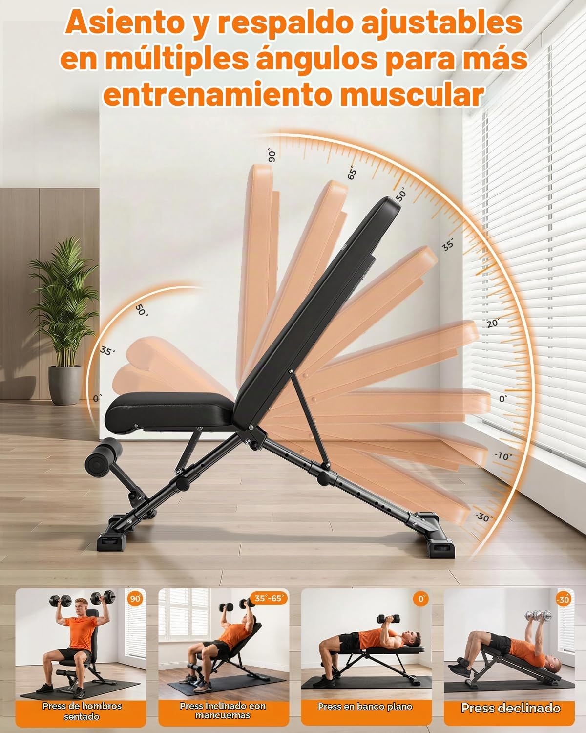 AIRHOP Banco de entrenamiento plegable, banco de pesas FID de 90° a -30°