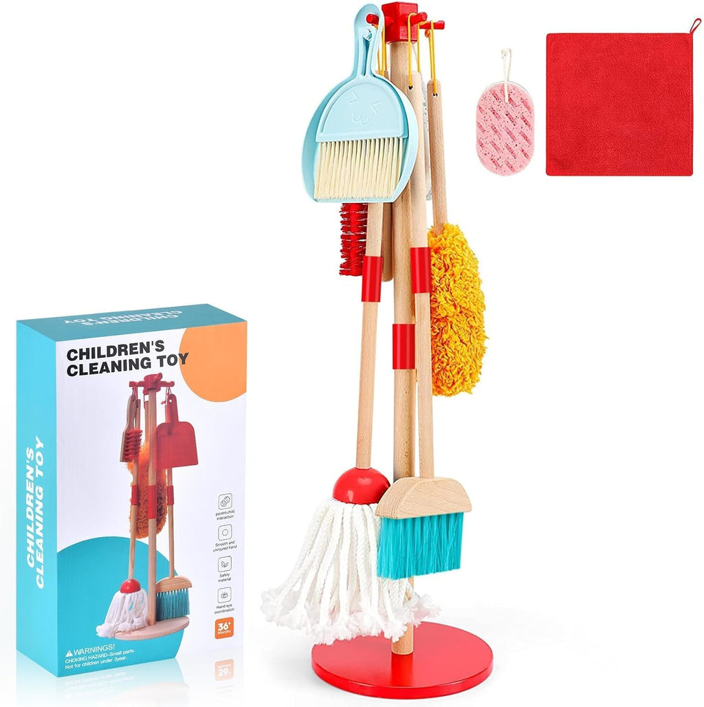 WHOLL - Juego de juguetes de limpieza de madera para niños, escoba y recogedor para limpieza de 9 piezas, juego de escoba y trapeador para niños pequeños de 3 a 6 años, juguetes de limpieza con