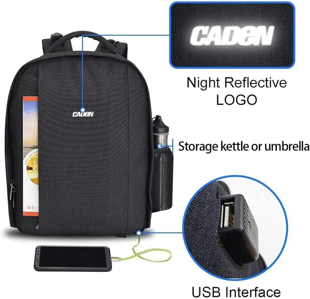Mochila para cámara CADeN profesional para DSLR con puerto de carga USB y cubierta impermeable, mochila para fotografía y laptop para mujeres y hombres
