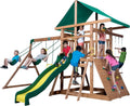 Backyard Discovery Mount Mckinley - Juego de columpio de madera de cedro con tobogán de olas, plataforma de juego, pared de escalada doble, escalera de cuerda, columpio de red, columpios de cinturón