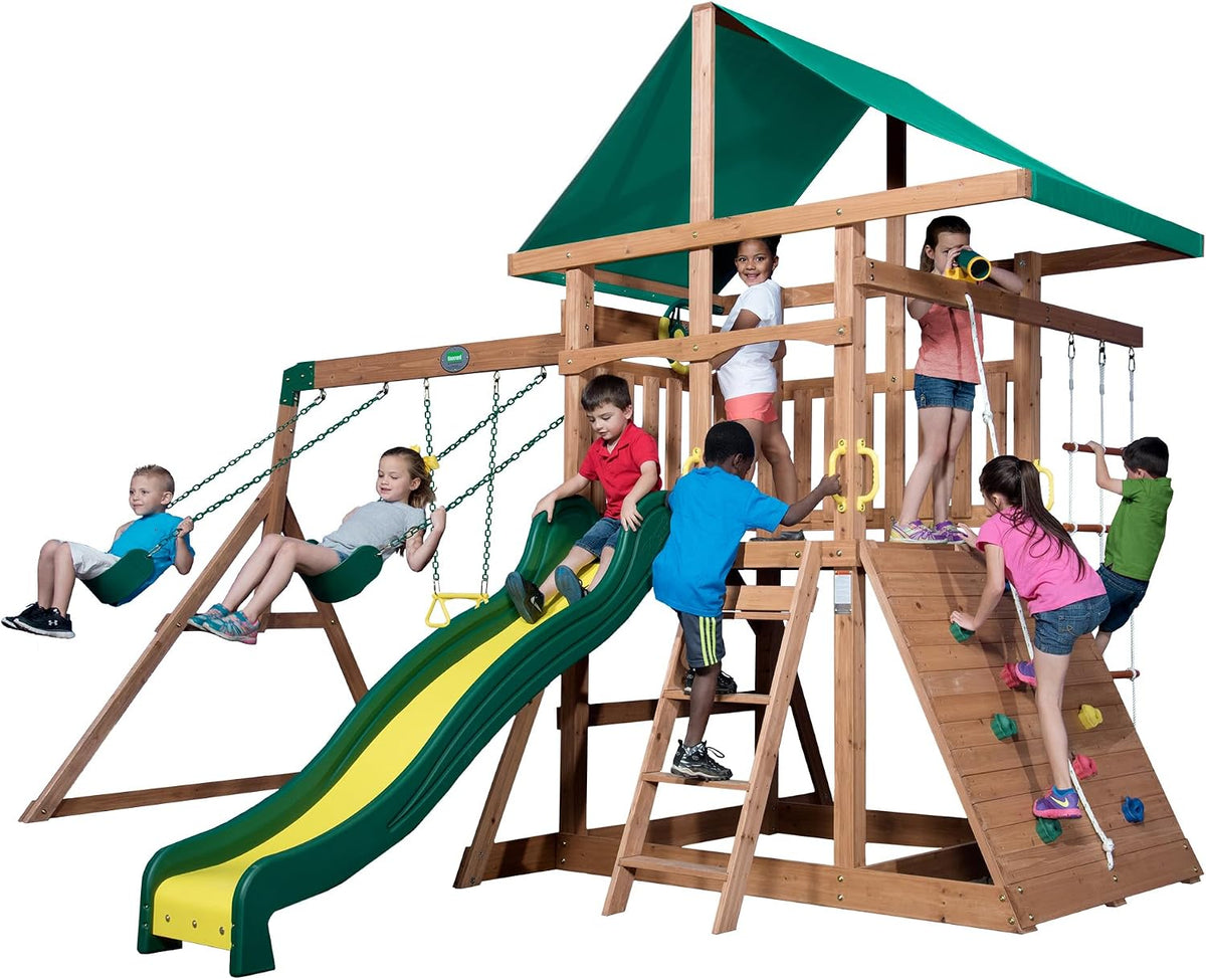 Backyard Discovery Mount Mckinley - Juego de columpio de madera de cedro con tobogán de olas, plataforma de juego, pared de escalada doble, escalera de cuerda, columpio de red, columpios de cinturón