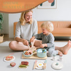 Accesorios de cocina de juguete de madera, juegos de ollas y sartenes de simulación para juego de cocina de niños con estufa de juguete, juegos de cocina para niños pequeños, juguetes de alimentos
