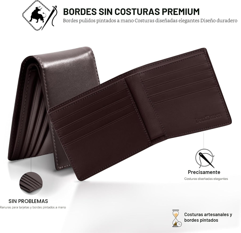 Cartera de cuero de grano completo para hombre, minimalista, delgada, plegable, con bloqueo RFID, con bolsillo para efectivo, 8 ranuras para tarjetas (marrón oscuro)