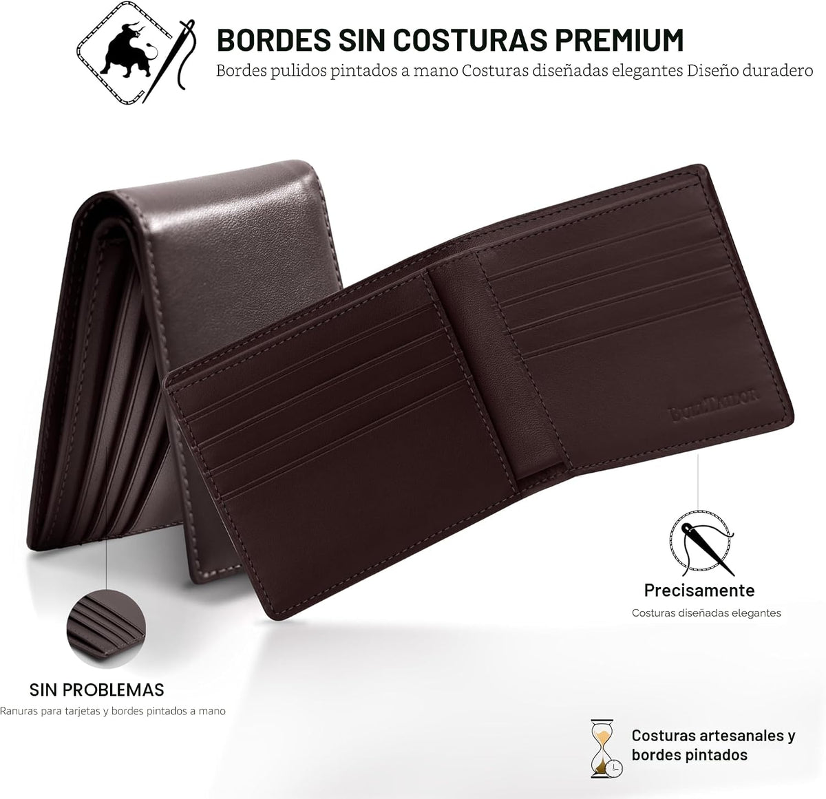 Cartera de cuero de grano completo para hombre, minimalista, delgada, plegable, con bloqueo RFID, con bolsillo para efectivo, 8 ranuras para tarjetas (marrón oscuro)
