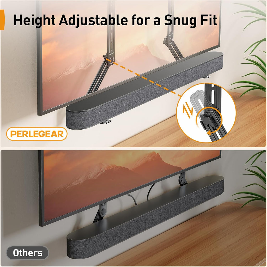 Perlegear Soporte de barra de sonido con altura ajustable de hasta 15 libras PGSM04B, soporte de pared de TV inclinable para televisores de 42 a 90 pulgadas con ajuste de nivelación de hasta 132