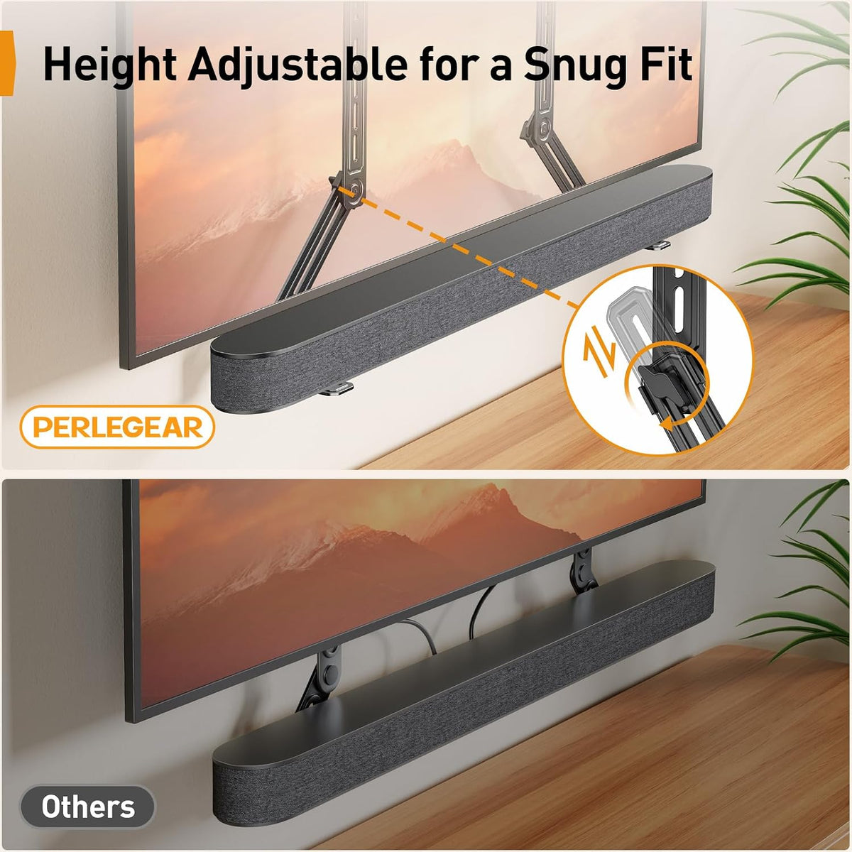Perlegear Soporte de barra de sonido con altura ajustable de hasta 15 libras PGSM04B, soporte de pared de TV inclinable para televisores de 42 a 90 pulgadas con ajuste de nivelación de hasta 132