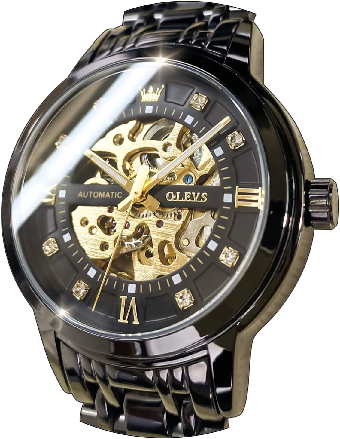 OLEVS Reloj de esqueleto de oro para hombre automático mecánico de cuerda automática lujoso de vestir de acero inoxidable impermeable luminoso relojes de pulsera
