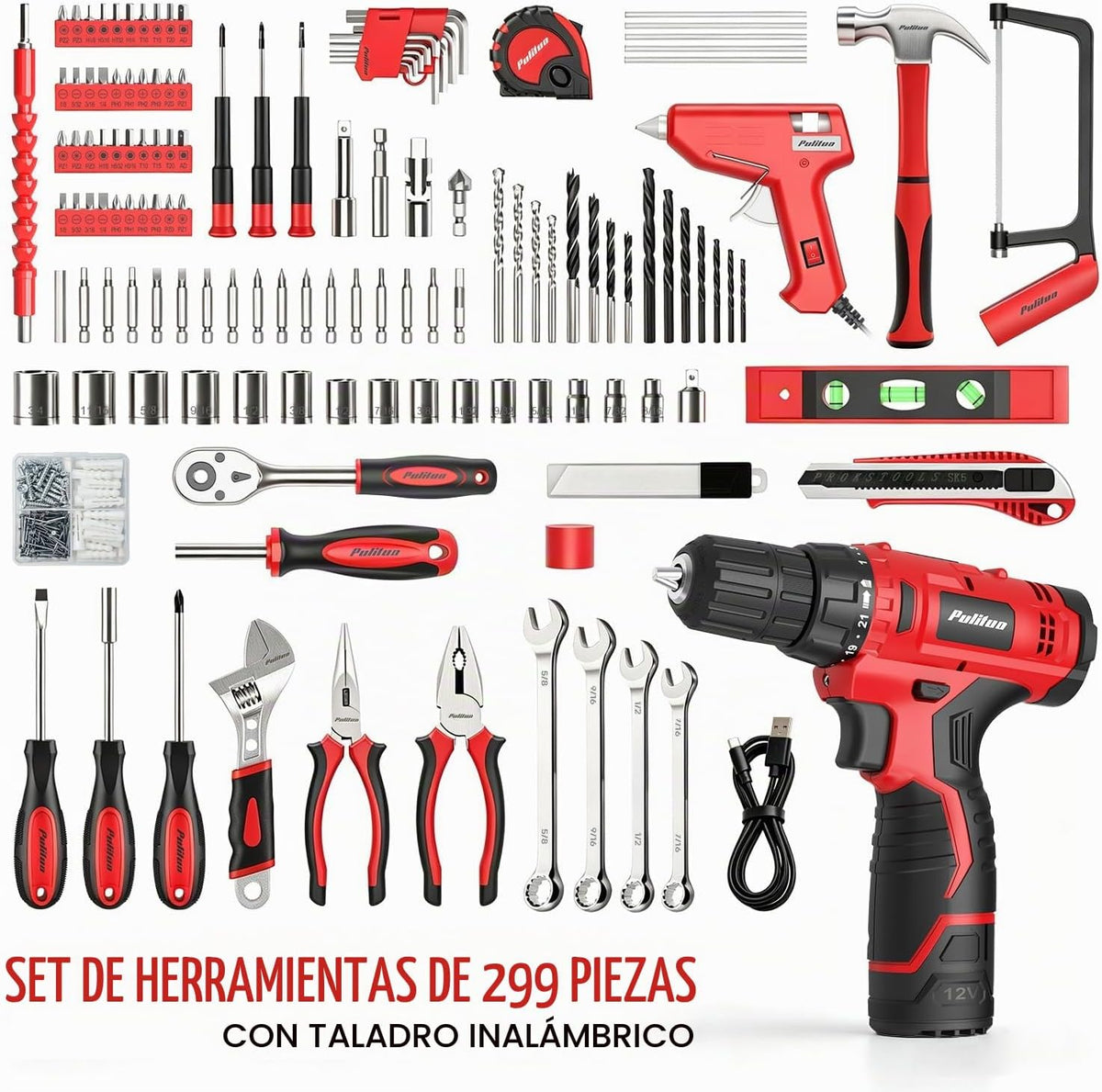 PULITUO Juego de taladro inalámbrico, juego de taladro eléctrico de 12 V con batería y cargador, brocas eléctricas/taladro, portabrocas sin llave de 3/8 pulgadas, ajuste de par de 21+1, 180