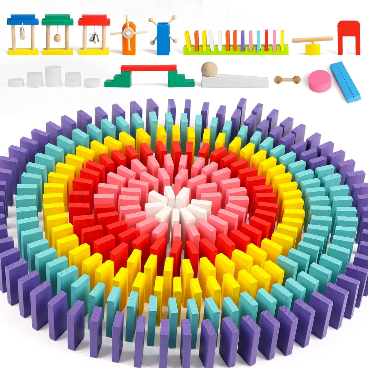 Wondertoys Juego de 600 piezas de dominó para niños, bloques de construcción de madera, 6 colores, dominó a granel, juegos de azulejos de carreras, juguete educativo para fiesta de cumpleaños de