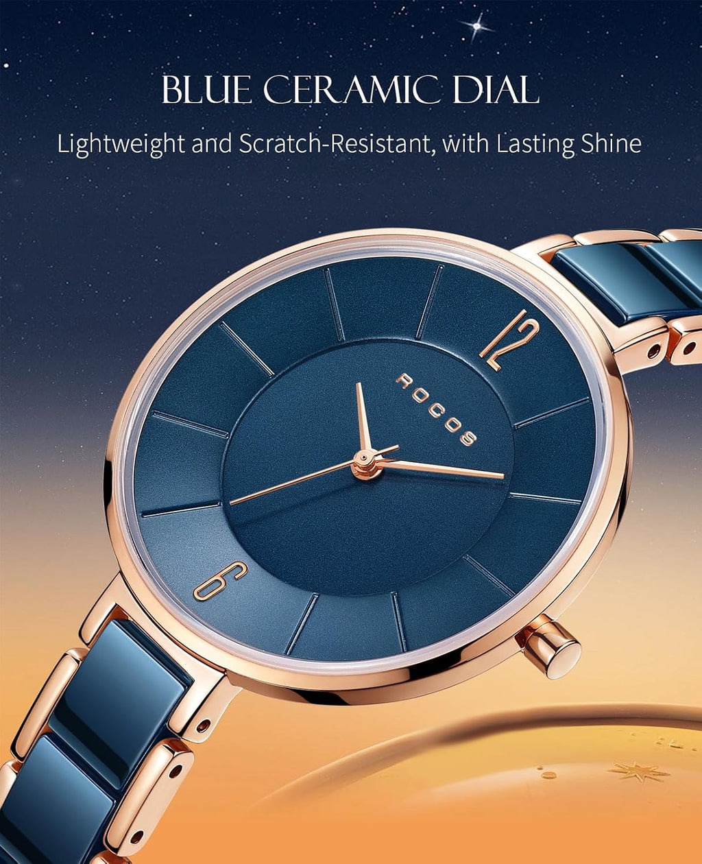 ROCOSJEWE Reloj analógico de cuarzo de cerámica para mujer, esfera azul con acento de oro rosa, diseño ultrafino, cierre de mariposa, relojes impermeables de 98.4 ft para mujer