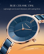 ROCOSJEWE Reloj analógico de cuarzo de cerámica para mujer, esfera azul con acento de oro rosa, diseño ultrafino, cierre de mariposa, relojes impermeables de 98.4 ft para mujer