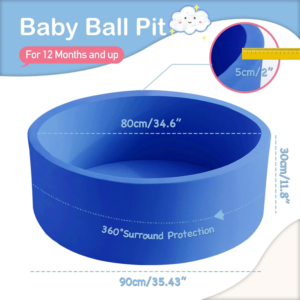 Piscina de bolas de espuma de 35.4 x 11.8 pulgadas para niños pequeños, pelotas redondas para bebés de 1 a 3 años, pelotas de juego para niños y niñas, pelotas no incluidas, azul