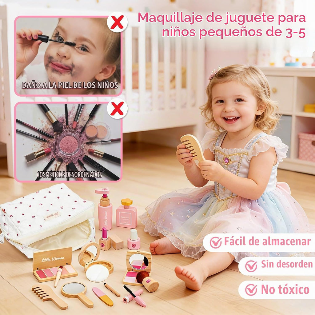Juego de juguetes de maquillaje de madera para niñas, kit de maquillaje para niños de 3 a 5 años con sombra de ojos, rímel, perfume, rubor, espejo, bolsa, regalos de cumpleaños para niñas