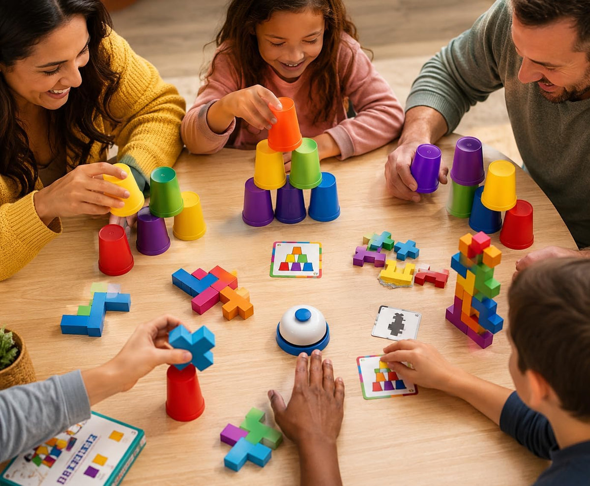 Juego de apilamiento de tazas con tarjetas y campana, juego de velocidad rápida + rompecabezas de bloques de construcción 2 en 1, juego de fiesta familiar para niños de 3 a 8 años, juguete
