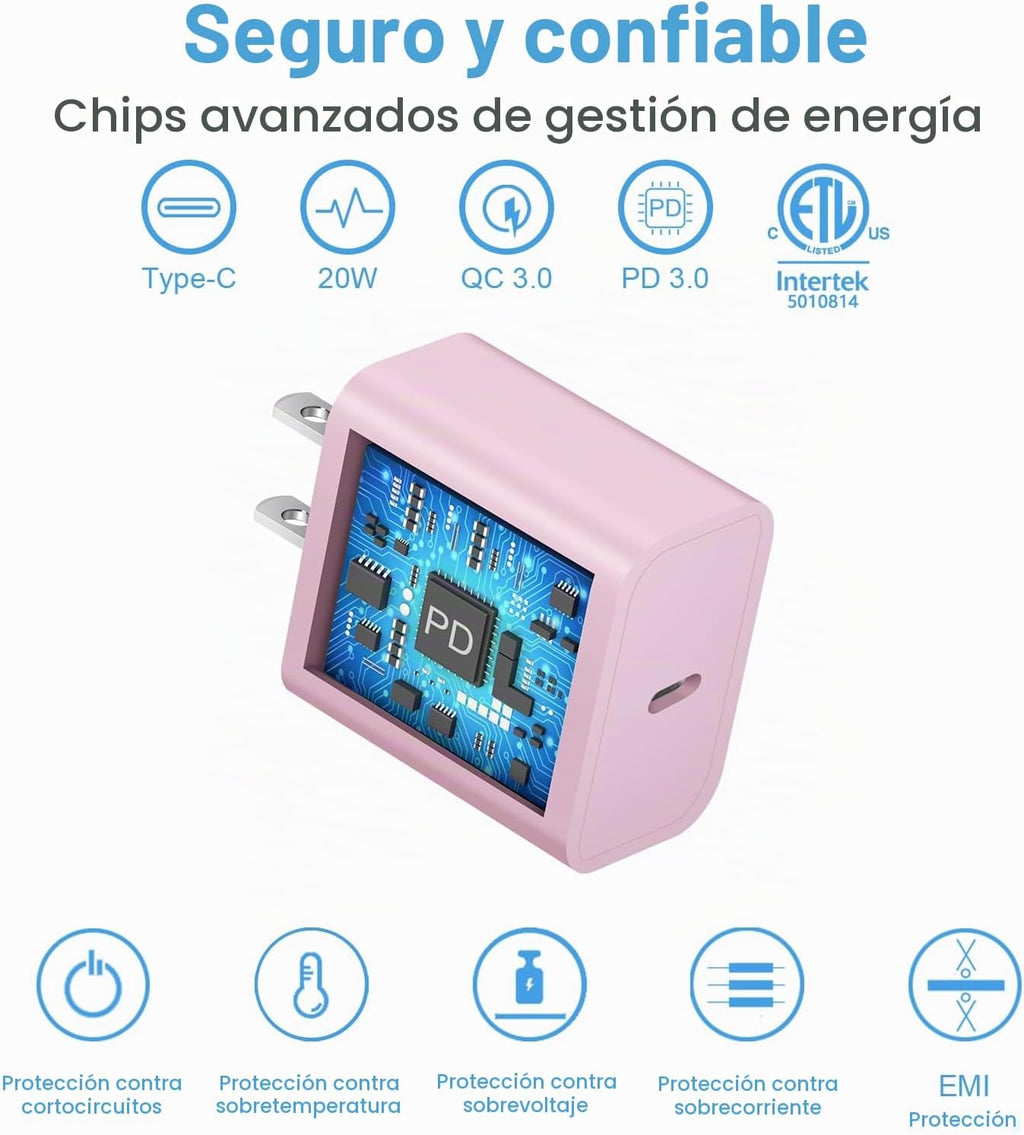 Cargador de carga rápida para iPhone 17, 16, 15, paquete de 2+2 cargadores de pared USB C de 20 W con cable de carga rápida de 6 pies compatible con iPhone 17/17 Air/17 Pro/17 Pro Max/iPhone 16/15