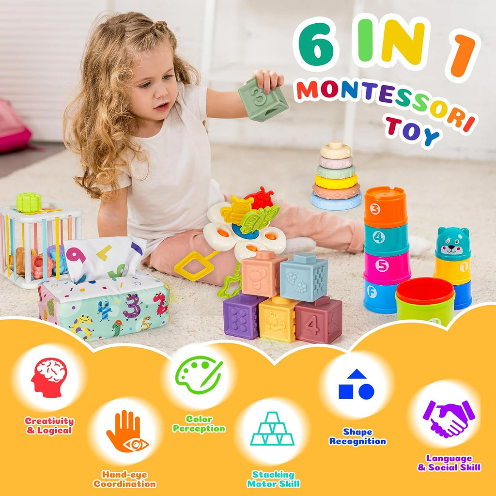 6 en 1 Juego Montessori para Bebés, Set Sensorial para Recién Nacidos, Regalo de Aprendizaje Temprano