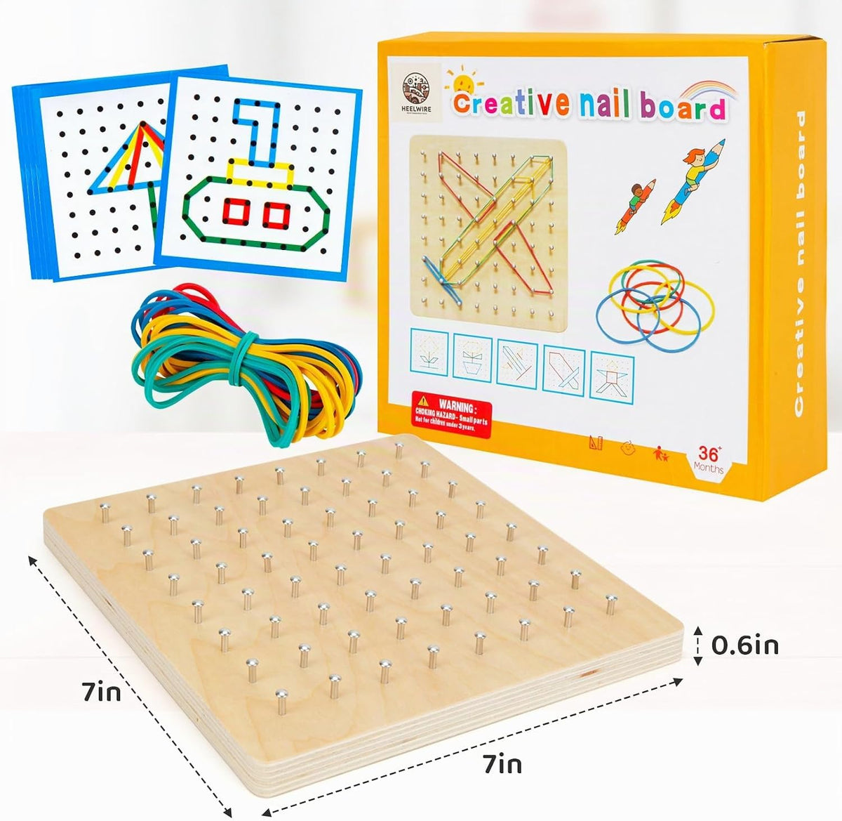 2Pack Tablero Geométrico de Madera, Juguete Montessori, Juguete Educativo Matemático Gráfico para Niños con Tarjetas de Patrones y Bandas de Goma para Figuras y Formas, Rompecabezas STEM Tablero Geo.