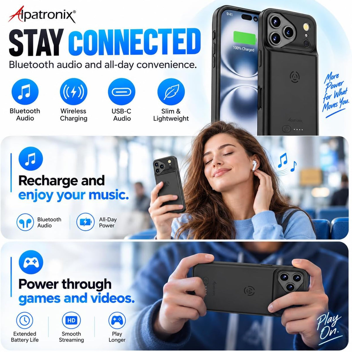 Alpatronix Funda de batería para iPhone 16 Pro, funda protectora delgada y portátil para cargador extendido, carga rápida de 15 W, alta capacidad con funda de carga inalámbrica (BX16Pro), color negro