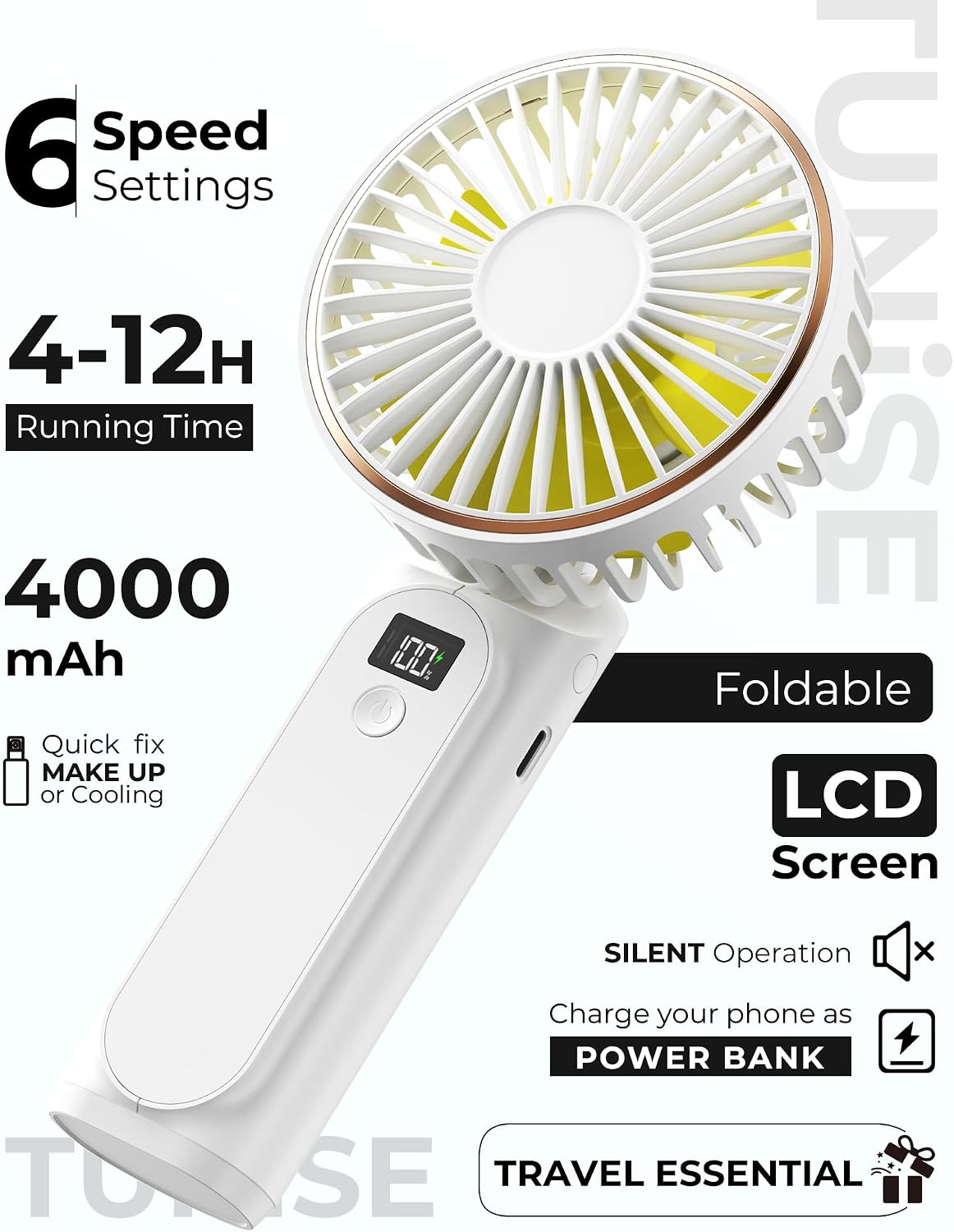 TUNISE Ventilador de Mano Portátil, Ventilador Portátil Recargable,...